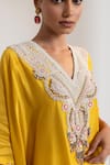 Shop_Oshi By Shikha_Mustard Silk Embroidery, Beads, Metallic Thread V-neck Kaftan And Pant Set 
