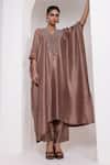Buy_Oshi By Shikha_Silk Beads, Metallic Thread, Zari V-neck Embroidered Kaftan And Pant Set _at_Aza_Fashions
