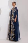 Shop_Oshi By Shikha_Navy Silk Embroidery, Pearls, Sequins Scoop Knotted Dress With Embridered Cape _Online_at_Aza_Fashions