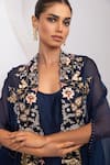 Buy_Oshi By Shikha_Navy Silk Embroidery, Pearls, Sequins Scoop Knotted Dress With Embridered Cape 
