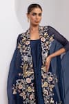 Shop_Oshi By Shikha_Navy Silk Embroidery, Pearls, Sequins Scoop Knotted Dress With Embridered Cape 