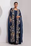 Oshi By Shikha_Navy Silk Embroidery, Pearls, Sequins Scoop Knotted Dress With Embridered Cape _Online