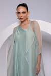 Oshi By Shikha_Sky Blue Silk, Organza One Shoulder, Open Neck Dress And Sheer Jacket Set _at_Aza_Fashions