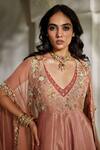 Buy_Paulmi And Harsh_Peach Jacquard Embroidery, Zari V-, Open Zardozi Jumpsuit With Cape 