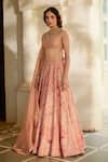 Buy_Paulmi And Harsh_Peach Gabardine, Shantoon, Organza Floral Pattern 16 Kali Lehenga Set 