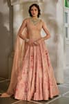 Buy_Paulmi And Harsh_Peach Gabardine, Shantoon, Organza Floral Pattern 16 Kali Lehenga Set _at_Aza_Fashions