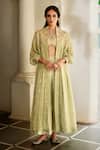 Buy_Paulmi And Harsh_Green Jacquard Embroidery, Sequins, Stones V-, Open Jacket Palazzo Set _at_Aza_Fashions