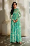Paulmi And Harsh_Aqua Georgette, Shantoon, Organza Embroidery Floral Print Anarkali With Dupatta _Online_at_Aza_Fashions