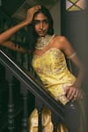 Buy_Paulmi And Harsh_Yellow Jacquard Sequins, Embroidery, Zari Sweetheart Zardozi Corset And Skirt Set _Online_at_Aza_Fashions