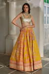Shop_Paulmi And Harsh_Yellow Shantoon, Organza Embroidery, Sequins, Florette Print 16 Kali Lehenga Set _Online_at_Aza_Fashions