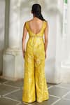 Shop_Paulmi And Harsh_Yellow Jacquard, Shantoon, Net Embroidery V-neck, Scoop Floral Woven Jumpsuit _at_Aza_Fashions