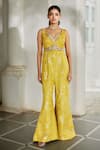 Buy_Paulmi And Harsh_Yellow Jacquard, Shantoon, Net Embroidery V-neck, Scoop Floral Woven Jumpsuit _at_Aza_Fashions