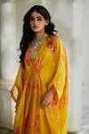 Shop Paulmi And Harsh Yellow Silk Organza Sequins, Tassels V-neck Garden Print Kaftan Online at Aza Fashions Shop_Paulmi And Harsh_Yellow Silk Organza Sequins, Tassels V-neck Garden Print Kaftan _Online_at_Aza_Fashions