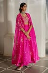 Paulmi And Harsh_Pink Chinon, Organza Embroidery, Zari Sweetheart Neck, Floral Cape Palazzo Set _Online_at_Aza_Fashions
