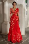 Buy_Paulmi And Harsh_Red Chiffon Embroidery, Tassels, Flower Print Pre-draped Saree With Blouse _Online_at_Aza_Fashions