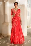 Buy_Paulmi And Harsh_Red Chiffon Embroidery, Tassels, Flower Print Pre-draped Saree With Blouse _at_Aza_Fashions