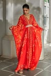 Buy Paulmi And Harsh Red Silk Organza Zari, Sequins, Mirrors, Embroidery V-neck Leaf Print Kaftan at Aza Fashions Buy_Paulmi And Harsh_Red Silk Organza Zari, Sequins, Mirrors, Embroidery V-neck Leaf Print Kaftan _at_Aza_Fashions