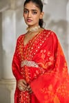 Shop Paulmi And Harsh Red Silk Organza Zari, Sequins, Mirrors, Embroidery V-neck Leaf Print Kaftan Online at Aza Fashions Shop_Paulmi And Harsh_Red Silk Organza Zari, Sequins, Mirrors, Embroidery V-neck Leaf Print Kaftan _Online_at_Aza_Fashions