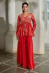 Buy_Paulmi And Harsh_Red Georgette Embroidery, Tassels V-neck Printed Peplum Top And Palazzo Set _at_Aza_Fashions