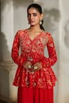 Paulmi And Harsh_Red Georgette Embroidery, Tassels V-neck Printed Peplum Top And Palazzo Set _Online_at_Aza_Fashions