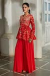 Buy_Paulmi And Harsh_Red Georgette Embroidery, Tassels V-neck Printed Peplum Top And Palazzo Set _Online_at_Aza_Fashions