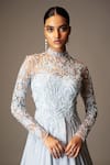Vivek Patel_Blue Crepe Pearls, Sequins, Beads High Embellished Yoke Gown With Shoulder Drape _at_Aza_Fashions