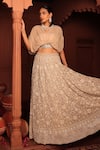 Shop_Tasuvure Indes_Beige Georgette, Chiffon Cut Work, Sequins, Inaaya Cutdana Lehenga And Blouse Set _Online_at_Aza_Fashions