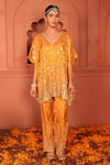 Tasuvure Indes_Mustard Georgette, Chiffon Mirrors, Zari, Aaina Adaa Work Kaftan And Pant Set _Online_at_Aza_Fashions
