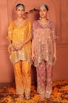 Tasuvure Indes_Mustard Georgette, Chiffon Mirrors, Zari, Aaina Adaa Work Kaftan And Pant Set _at_Aza_Fashions