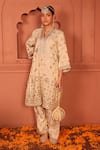 Tasuvure Indes_Ivory Georgette, Chiffon Mirrors, Embroidery V-neck Aaina Adaa Tunic And Pant Set _Online_at_Aza_Fashions