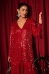 Shop Tasuvure Indes Red Georgette, Chiffon Sequins, Embroidery V-neck Inaari Kurta And Sharara Set Online at Aza Fashions Shop_Tasuvure Indes_Red Georgette, Chiffon Sequins, Embroidery V-neck Inaari Kurta And Sharara Set _Online_at_Aza_Fashions
