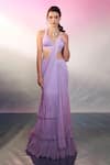 Buy_Anshika Tak Label_Purple Georgette Halter Neck, Layered Pre-draped Saree With Embroidered Blouse _at_Aza_Fashions