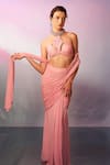 Buy_Anshika Tak Label_Pink Georgette Halter , Keyhole Blouse With Draped Saree _at_Aza_Fashions