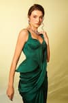 Anshika Tak Label_Emerald Green Satin, Crepe Sweetheart Neck Boned Corset With Pre-draped Saree _Online_at_Aza_Fashions
