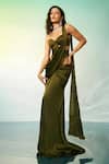 Buy_Anshika Tak Label_Olive Green Satin, Crepe Sweetheart Neck Pre-draped Saree With Corset _at_Aza_Fashions