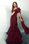 Buy_Anshika Tak Label_Wine Crepe Sweetheart Neck Ruffled Pre-draped Saree With Blouse _at_Aza_Fashions