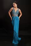Buy_Anshika Tak Label_Teal Net, Crepe Beads, Sequins, Crystals V-neck Geometric Beadwork Draped Dress _at_Aza_Fashions
