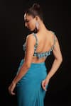 Shop_Anshika Tak Label_Teal Net, Crepe Beads, Sequins, Crystals V-neck Geometric Beadwork Draped Dress _at_Aza_Fashions