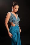 Anshika Tak Label_Teal Net, Crepe Beads, Sequins, Crystals V-neck Geometric Beadwork Draped Dress _Online_at_Aza_Fashions