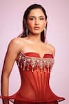 Shop_Anshika Tak Label_Red Net, Silk Organza Beads, Crystals, Gemstones Embellished Corset Lehenga Set _at_Aza_Fashions