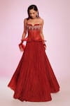 Buy_Anshika Tak Label_Red Net, Silk Organza Beads, Crystals, Gemstones Embellished Corset Lehenga Set _at_Aza_Fashions