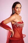 Anshika Tak Label_Red Net, Silk Organza Beads, Crystals, Gemstones Embellished Corset Lehenga Set _Online_at_Aza_Fashions