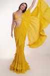 Buy_Anshika Tak Label_Yellow Crepe, Tussar, Silk Ruffles, Pre-draped Saree With Embellished Bralette _at_Aza_Fashions