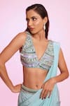 Anshika Tak Label_Blue Crepe, Net Mirrors, Beads, Sequins Embellished Blouse With Pre-draped Saree _Online_at_Aza_Fashions