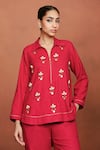 Buy_Sue Mue_Red Silk Embroidery, Beads, Stones Fae Shell Embellished Shirt And Pant Set _Online_at_Aza_Fashions