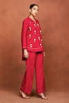 Shop_Sue Mue_Red Silk Embroidery, Beads, Stones Fae Shell Embellished Shirt And Pant Set _Online_at_Aza_Fashions