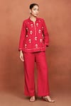 Buy_Sue Mue_Red Silk Embroidery, Beads, Stones Fae Shell Embellished Shirt And Pant Set _at_Aza_Fashions