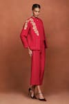 Shop Sue Mue Red Silk Embroidery, Beads V-neck Omi Floral Jacket And Pant Set Online at Aza Fashions Shop_Sue Mue_Red Silk Embroidery, Beads V-neck Omi Floral Jacket And Pant Set _Online_at_Aza_Fashions