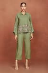 Buy_Sue Mue_Olive Green Silk Embroidery Collared Jin Floral Shirt And Pant Set _at_Aza_Fashions