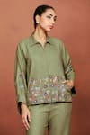 Sue Mue_Olive Green Silk Embroidery Collared Jin Floral Shirt And Pant Set _Online_at_Aza_Fashions